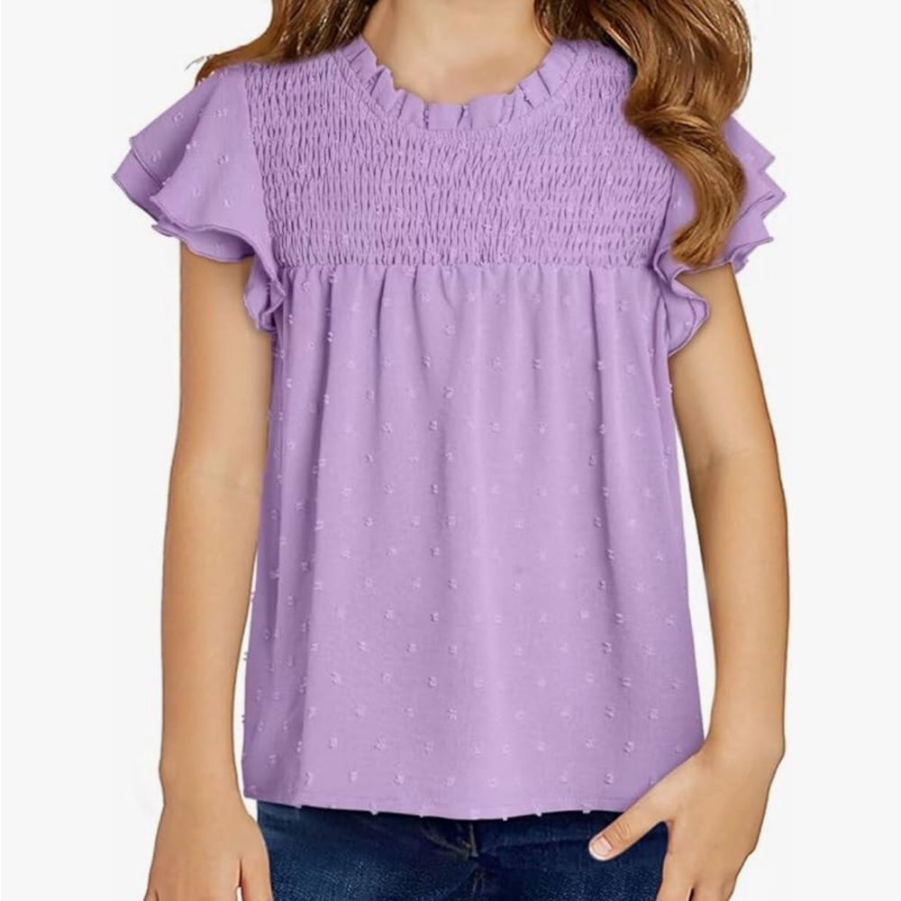 Sleeve Shirts Summer Pleated Crewneck Ruffled Cute Swiss Dot Blouse